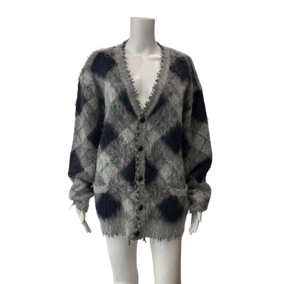 $680 NWT R13 Gray Plaid Argyle Fluffy Oversized Distressed Cardigan Sweater L - Picture 3 of 9